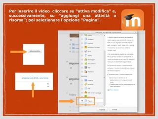 Per inserire il video cliccare su “attiva modifica” e, 
successivamente, su “aggiungi una attività o 
risorsa”; poi selezionare l'opzione “Pagina”. 
 