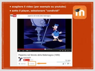 • scegliere il video (per esempio su youtube) 
• sotto il player, selezionare “condividi” 
 