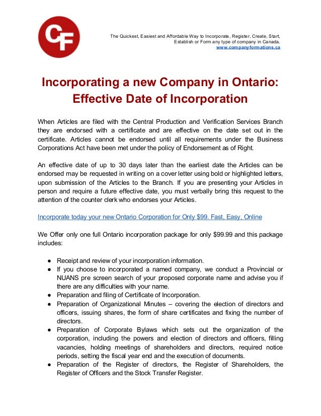 Incorporating a New Company in Ontario Effective Date of Incorporation