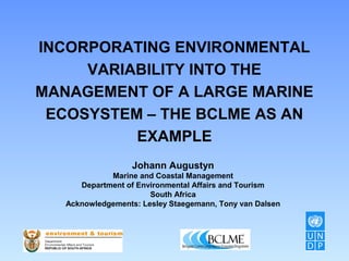 INCORPORATING ENVIRONMENTAL
VARIABILITY INTO THE
MANAGEMENT OF A LARGE MARINE
ECOSYSTEM – THE BCLME AS AN
EXAMPLE
Johann Augustyn
Marine and Coastal Management
Department of Environmental Affairs and Tourism
South Africa
Acknowledgements: Lesley Staegemann, Tony van Dalsen
 