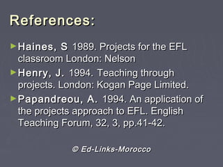 References:References:
►Haines, SHaines, S 1989. Projects for the EFL1989. Projects for the EFL
classroom London: Nelsonclassroom London: Nelson
►Henry, J.Henry, J. 1994.1994. Teaching throughTeaching through
projects. London: Kogan Page Limited.projects. London: Kogan Page Limited.
►Papandreou, A.Papandreou, A. 1994. An application of1994. An application of
the projects approach to EFL. Englishthe projects approach to EFL. English
Teaching Forum, 32, 3, pp.41-42.Teaching Forum, 32, 3, pp.41-42.
© Ed-Links-Morocco© Ed-Links-Morocco
 