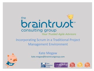 Agile ExecutivesAgile Executives
Incorporating Scrum in a Traditional Project
Management Environment
Kate Megaw
kate.megaw@braintrustgroup.com
 