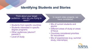 Prospective students
are more likely to
listen to current
students or alumni
than anyone else
Videos often
watched without...