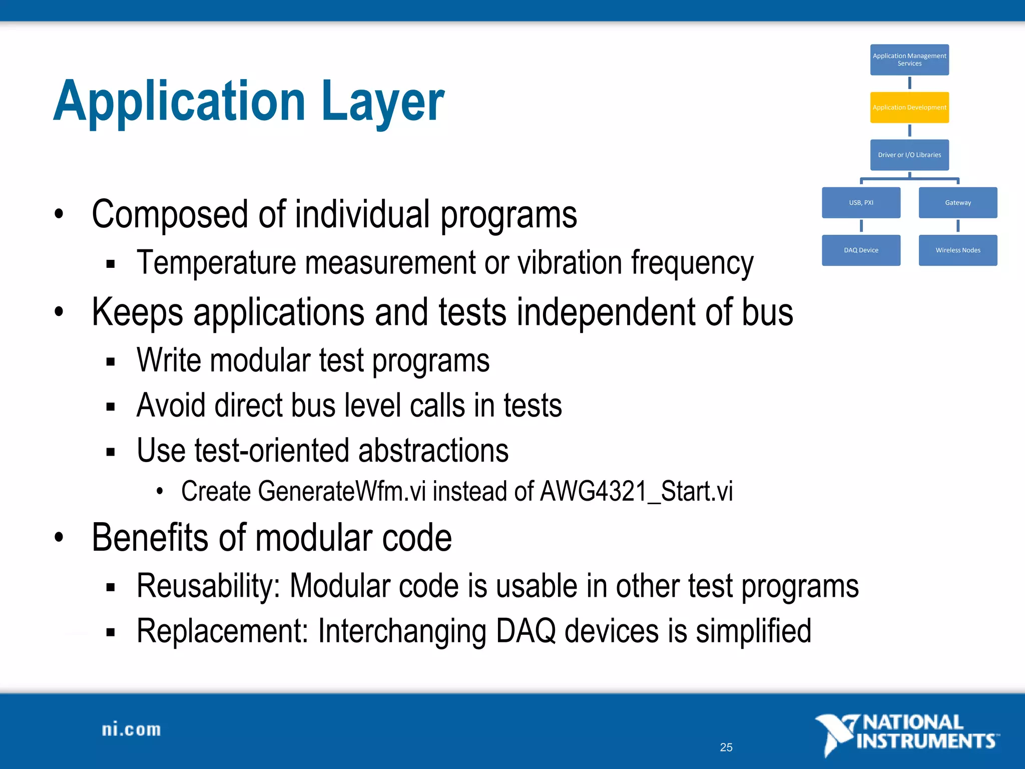 25
Application Layer
• Composed of individual programs
 Temperature measurement or vibration frequency
• Keeps applications and tests independent of bus
 Write modular test programs
 Avoid direct bus level calls in tests
 Use test-oriented abstractions
• Create GenerateWfm.vi instead of AWG4321_Start.vi
• Benefits of modular code
 Reusability: Modular code is usable in other test programs
 Replacement: Interchanging DAQ devices is simplified
Application Management
Services
Application Development
Driver or I/O Libraries
USB, PXI
DAQ Device
Gateway
Wireless Nodes
 