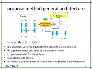 propose	method	general	architecture
• α^t:	alignment	vector	computed	by	the	basic	attention	mechanism	
• dt:	alignment	vector	calculated	by	the	distortion	model
• λ:	hyper	parameter	for	interpolation
• ct:	related	source	context	
• Ψ:	context	(source	or	target	or	translation	status	(hidden	state	of	decoder))
2017/11/13 7
 