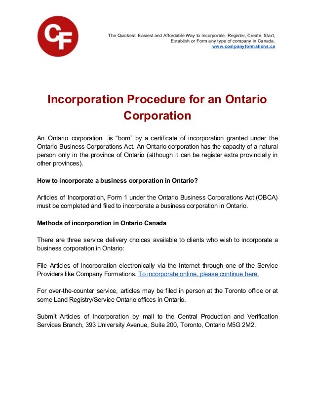 Incorporation Procedure For An Ontario Corporation