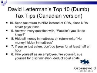 David Letterman’s Top 10 (Dumb) Tax Tips (Canadian version) 10. Send tax return to NRA instead of CRA, since NRA   never pays taxes 9. Answer every question with, “Wouldn’t you like to   know?” 8. Hide all money in mattress; on return write “No   money hidden in mattress” 7. If you’ve just eaten, don’t do taxes for at least half an   hour 6. Hire yourself as an employee, fire yourself, sue   yourself for discrimination, deduct court costs 
