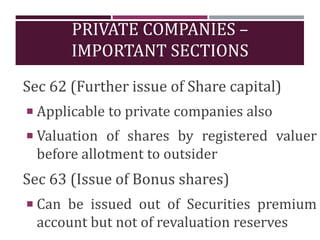 PRIVATE COMPANIES –
IMPORTANT SECTIONS
Sec 62 (Further issue of Share capital)
 Applicable to private companies also
 Va...