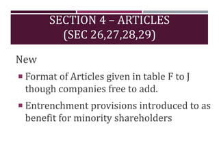 SECTION 4 – ARTICLES
(SEC 26,27,28,29)
New
 Format of Articles given in table F to J
though companies free to add.
 Entrenchment provisions introduced to as
benefit for minority shareholders
 