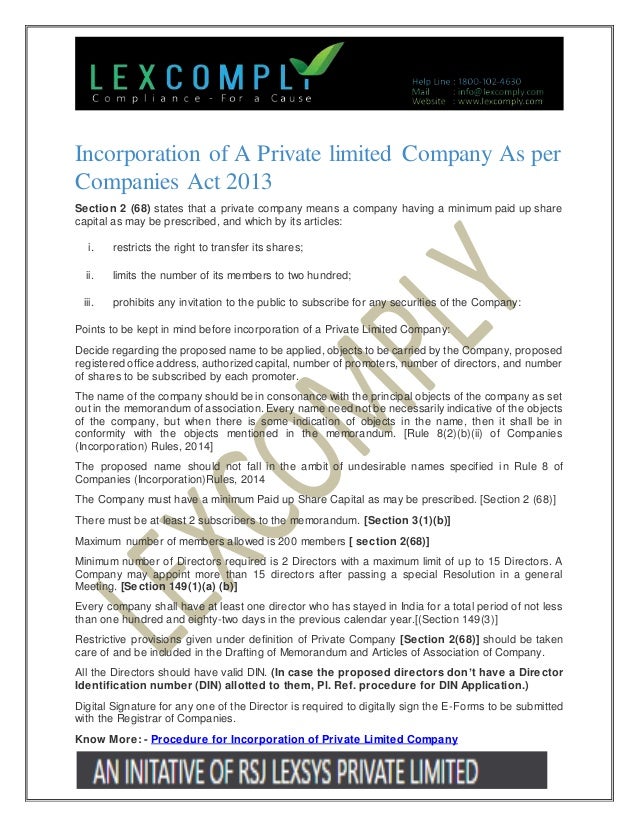Incorporation Of A Private Limited Company