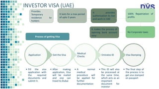 INVESTOR VISA (UAE)
Provides
Temporary
residence to
holders
It lasts for a max period
of upto 3 years
It provides
authoriz...