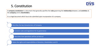 5. Constitution
Describes the key characteristics of Company
Contains rules and regulations for its governance
Describes h...