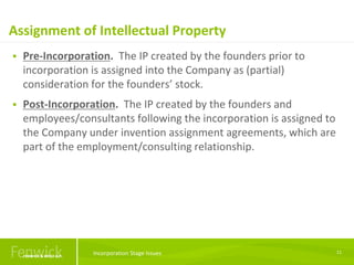 Assignment of Intellectual Property
11
 Pre-Incorporation. The IP created by the founders prior to
incorporation is assig...