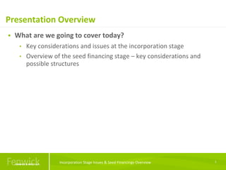 Presentation Overview
1
 What are we going to cover today?
• Key considerations and issues at the incorporation stage
• O...