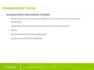 Incorporation Forms
7
 Incorporation Documents include:
• Initial Articles of Incorporation (California) or Certificate o...