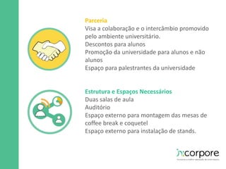 Parceria 
Visa a colaboração e o intercâmbio promovido 
pelo ambiente universitário. 
Descontos para alunos 
Promoção da universidade para alunos e não 
alunos 
Espaço para palestrantes da universidade 
Estrutura e Espaços Necessários 
Duas salas de aula 
Auditório 
Espaço externo para montagem das mesas de 
coffee break e coquetel 
Espaço externo para instalação de stands. 
 