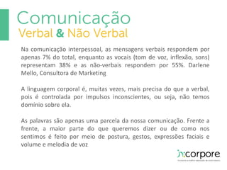 Na comunicação interpessoal, as mensagens verbais respondem por 
apenas 7% do total, enquanto as vocais (tom de voz, inflexão, sons) 
representam 38% e as não-verbais respondem por 55%. Darlene 
Mello, Consultora de Marketing 
A linguagem corporal é, muitas vezes, mais precisa do que a verbal, 
pois é controlada por impulsos inconscientes, ou seja, não temos 
domínio sobre ela. 
As palavras são apenas uma parcela da nossa comunicação. Frente a 
frente, a maior parte do que queremos dizer ou de como nos 
sentimos é feito por meio de postura, gestos, expressões faciais e 
volume e melodia de voz 
 