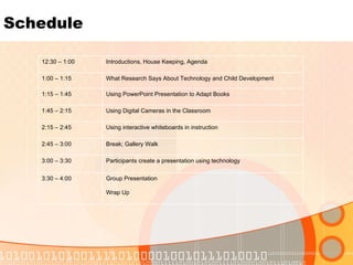 Schedule 12:30 – 1:00  Introductions, House Keeping, Agenda 1:00 – 1:15 What Research Says About Technology and Child Deve...