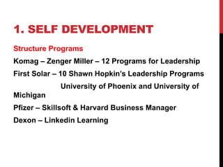 1. SELF DEVELOPMENT
Structure Programs
Komag – Zenger Miller – 12 Programs for Leadership
First Solar – 10 Shawn Hopkin’s Leadership Programs
University of Phoenix and University of
Michigan
Pfizer – Skillsoft & Harvard Business Manager
Dexon – Linkedin Learning
 