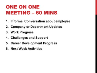 ONE ON ONE
MEETING – 60 MINS
1. Informal Conversation about employee
2. Company or Department Updates
3. Work Progress
4. Challenges and Support
5. Career Development Progress
6. Next Week Activities
 