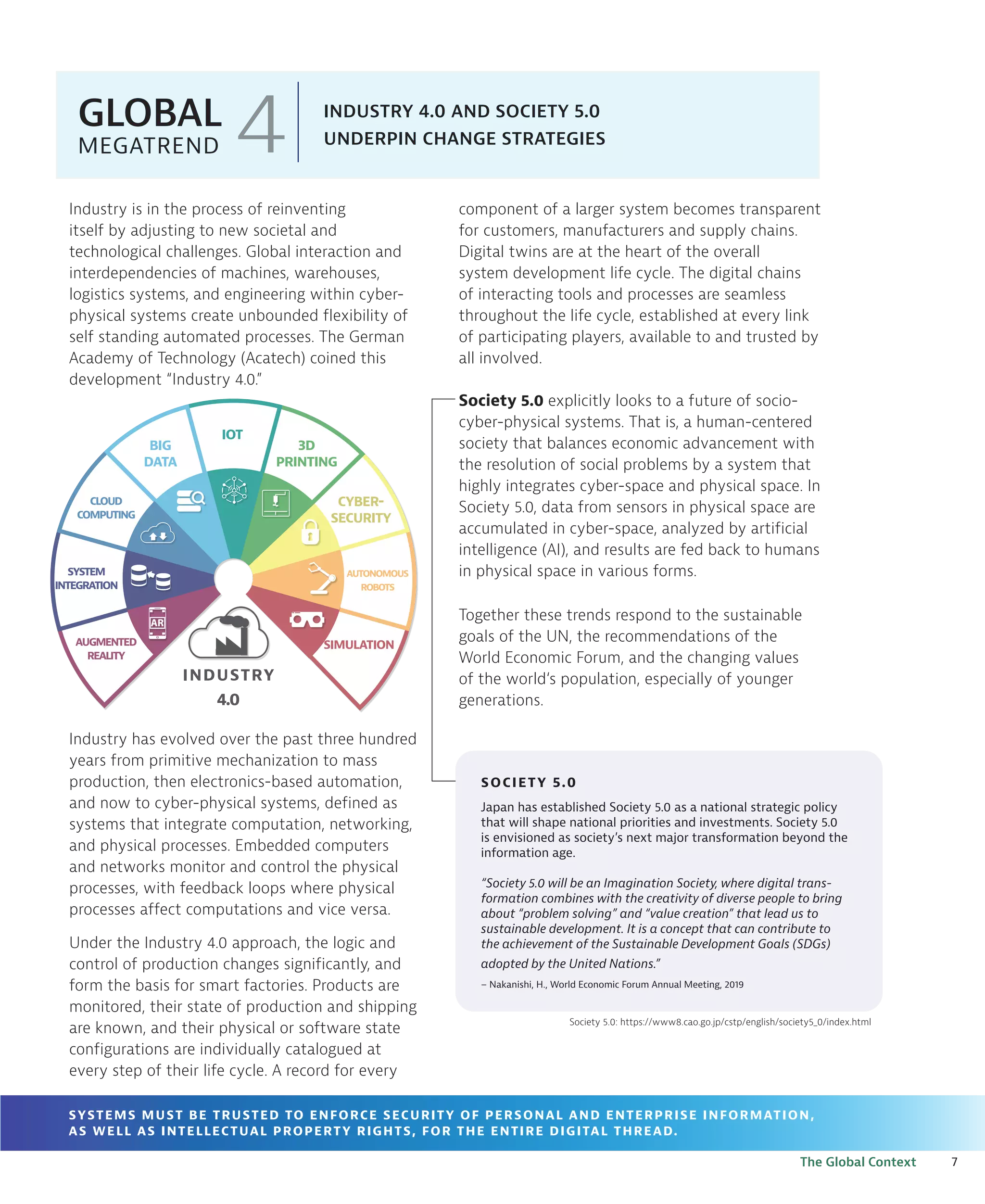 7
The Global Context
INDUSTRY 4.0 AND SOCIETY 5.0
UNDERPIN CHANGE STRATEGIES
SYSTEMS MUST BE TRUSTED TO ENFORCE SECURITY OF PERSONAL AND ENTERPRISE INFORMATION,
AS WELL AS INTELLECTUAL PROPERTY RIGHTS, FOR THE ENTIRE DIGITAL THREAD.
INDUSTRY
4.0
AR
IOT
3D
PRINTING
BIG
DATA
CLOUD
COMPUTING
SYSTEM
INTEGRATION
AUGMENTED
AUGMENTED
REALITY
REALITY
CYBER-
SECURITY
AUTONOMOUS
ROBOTS
SIMULATION
4
GLOBAL
MEGATREND
Industry has evolved over the past three hundred
years from primitive mechanization to mass
production, then electronics-based automation,
and now to cyber-physical systems, defined as
systems that integrate computation, networking,
and physical processes. Embedded computers
and networks monitor and control the physical
processes, with feedback loops where physical
processes affect computations and vice versa.
Under the Industry 4.0 approach, the logic and
control of production changes significantly, and
form the basis for smart factories. Products are
monitored, their state of production and shipping
are known, and their physical or software state
configurations are individually catalogued at
every step of their life cycle. A record for every
SOCIETY 5.0
Japan has established Society 5.0 as a national strategic policy
that will shape national priorities and investments. Society 5.0
is envisioned as society’s next major transformation beyond the
information age.
“Society 5.0 will be an Imagination Society, where digital trans-
formation combines with the creativity of diverse people to bring
about “problem solving” and “value creation” that lead us to
sustainable development. It is a concept that can contribute to
the achievement of the Sustainable Development Goals (SDGs)
adopted by the United Nations.”
– Nakanishi, H., World Economic Forum Annual Meeting, 2019
Society 5.0: https://www8.cao.go.jp/cstp/english/society5_0/index.html
component of a larger system becomes transparent
for customers, manufacturers and supply chains.
Digital twins are at the heart of the overall
system development life cycle. The digital chains
of interacting tools and processes are seamless
throughout the life cycle, established at every link
of participating players, available to and trusted by
all involved.
Society 5.0 explicitly looks to a future of socio-
cyber-physical systems. That is, a human-centered
society that balances economic advancement with
the resolution of social problems by a system that
highly integrates cyber-space and physical space. In
Society 5.0, data from sensors in physical space are
accumulated in cyber-space, analyzed by artificial
intelligence (AI), and results are fed back to humans
in physical space in various forms.
Together these trends respond to the sustainable
goals of the UN, the recommendations of the
World Economic Forum, and the changing values
of the world‘s population, especially of younger
generations.
Industry is in the process of reinventing
itself by adjusting to new societal and
technological challenges. Global interaction and
interdependencies of machines, warehouses,
logistics systems, and engineering within cyber-
physical systems create unbounded flexibility of
self standing automated processes. The German
Academy of Technology (Acatech) coined this
development “Industry 4.0.”
 