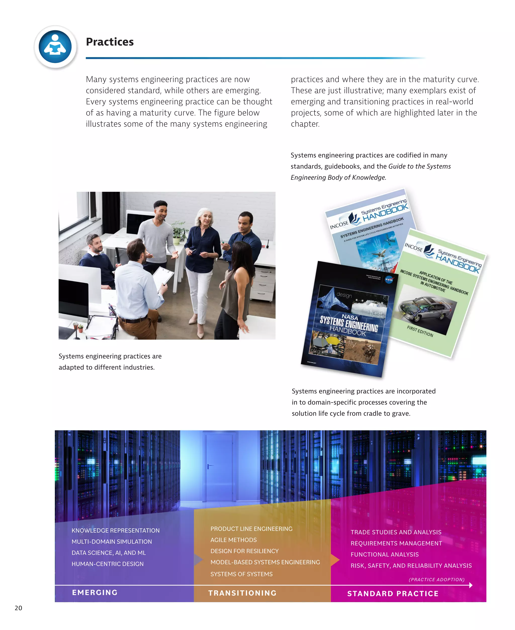 20
Systems engineering practices are incorporated
in to domain-specific processes covering the
solution life cycle from cradle to grave.
Many systems engineering practices are now
considered standard, while others are emerging.
Every systems engineering practice can be thought
of as having a maturity curve. The figure below
illustrates some of the many systems engineering
EMERGING
(PRACTICE ADOPTION)
STANDARD PRACTICE
TRANSITIONING
KNOWLEDGE REPRESENTATION
MULTI-DOMAIN SIMULATION
DATA SCIENCE, AI, AND ML
HUMAN-CENTRIC DESIGN
TRADE STUDIES AND ANALYSIS
REQUIREMENTS MANAGEMENT
FUNCTIONAL ANALYSIS
RISK, SAFETY, AND RELIABILITY ANALYSIS
PRODUCT LINE ENGINEERING
AGILE METHODS
DESIGN FOR RESILIENCY
MODEL-BASED SYSTEMS ENGINEERING
SYSTEMS OF SYSTEMS
Practices
Systems engineering practices are
adapted to different industries.
practices and where they are in the maturity curve.
These are just illustrative; many exemplars exist of
emerging and transitioning practices in real-world
projects, some of which are highlighted later in the
chapter.
Systems engineering practices are codified in many
standards, guidebooks, and the Guide to the Systems
Engineering Body of Knowledge.
 