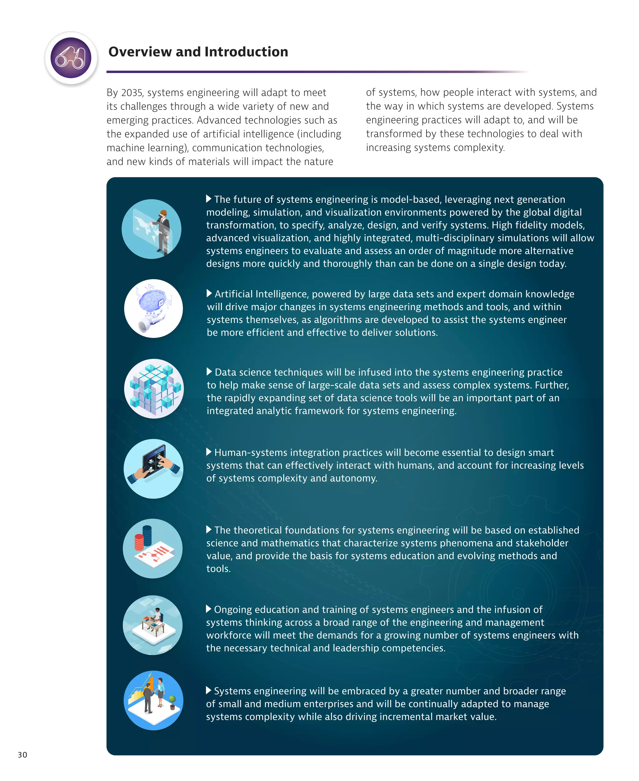30
By 2035, systems engineering will adapt to meet
its challenges through a wide variety of new and
emerging practices. Advanced technologies such as
the expanded use of artificial intelligence (including
machine learning), communication technologies,
and new kinds of materials will impact the nature
Artificial Intelligence, powered by large data sets and expert domain knowledge
will drive major changes in systems engineering methods and tools, and within
systems themselves, as algorithms are developed to assist the systems engineer
be more efficient and effective to deliver solutions.
The future of systems engineering is model-based, leveraging next generation
modeling, simulation, and visualization environments powered by the global digital
transformation, to specify, analyze, design, and verify systems. High fidelity models,
advanced visualization, and highly integrated, multi-disciplinary simulations will allow
systems engineers to evaluate and assess an order of magnitude more alternative
designs more quickly and thoroughly than can be done on a single design today.
Data science techniques will be infused into the systems engineering practice
to help make sense of large-scale data sets and assess complex systems. Further,
the rapidly expanding set of data science tools will be an important part of an
integrated analytic framework for systems engineering.
Human-systems integration practices will become essential to design smart
systems that can effectively interact with humans, and account for increasing levels
of systems complexity and autonomy.
Systems engineering will be embraced by a greater number and broader range
of small and medium enterprises and will be continually adapted to manage
systems complexity while also driving incremental market value.
The theoretical foundations for systems engineering will be based on established
science and mathematics that characterize systems phenomena and stakeholder
value, and provide the basis for systems education and evolving methods and
tools.
Ongoing education and training of systems engineers and the infusion of
systems thinking across a broad range of the engineering and management
workforce will meet the demands for a growing number of systems engineers with
the necessary technical and leadership competencies.
Overview and Introduction
of systems, how people interact with systems, and
the way in which systems are developed. Systems
engineering practices will adapt to, and will be
transformed by these technologies to deal with
increasing systems complexity.
 