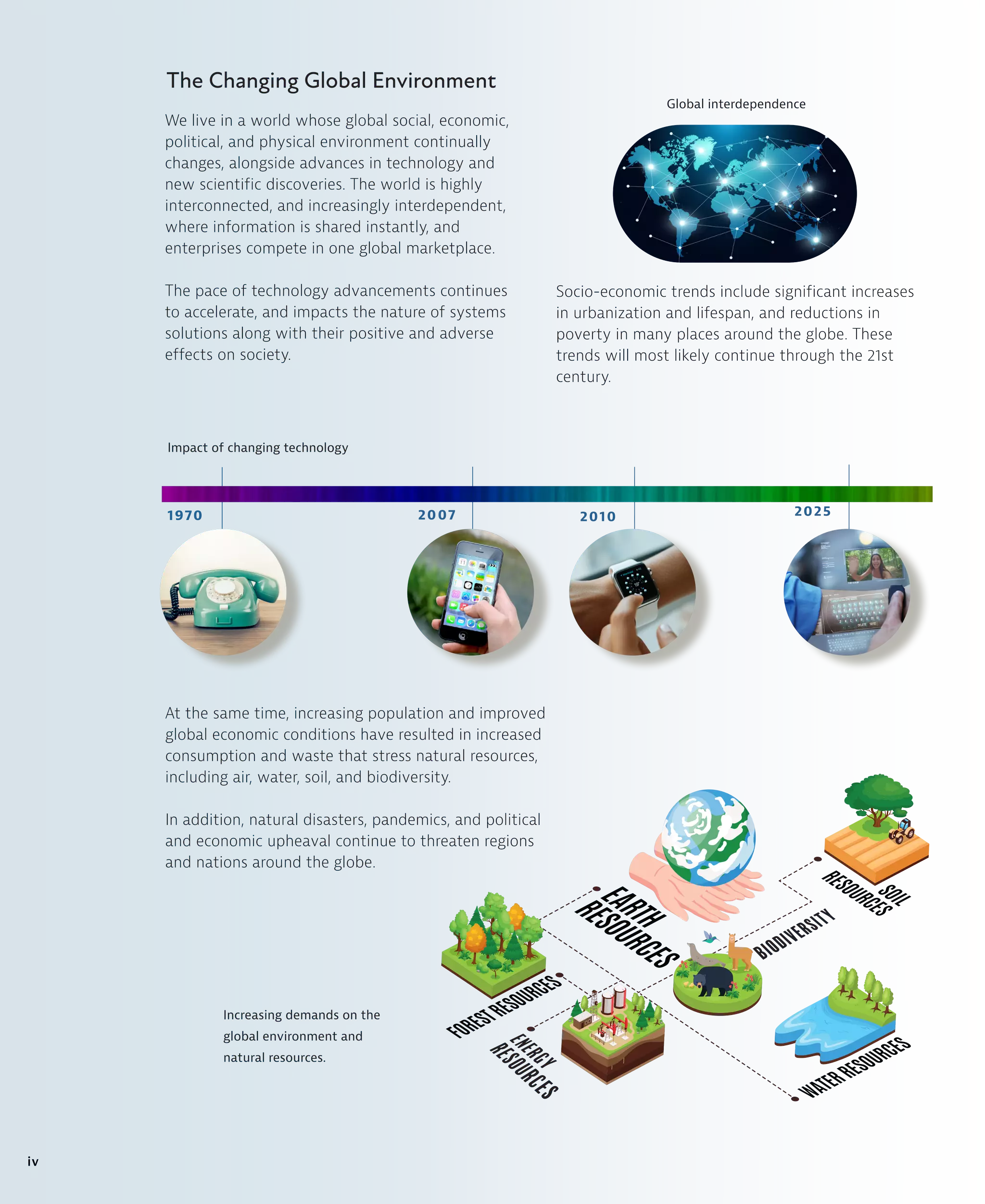 We live in a world whose global social, economic,
political, and physical environment continually
changes, alongside advances in technology and
new scientific discoveries. The world is highly
interconnected, and increasingly interdependent,
where information is shared instantly, and
enterprises compete in one global marketplace.
The pace of technology advancements continues
to accelerate, and impacts the nature of systems
solutions along with their positive and adverse
effects on society.
1970
Impact of changing technology
The Changing Global Environment
Global interdependence
Socio-economic trends include significant increases
in urbanization and lifespan, and reductions in
poverty in many places around the globe. These
trends will most likely continue through the 21st
century.
Increasing demands on the
global environment and
natural resources.
At the same time, increasing population and improved
global economic conditions have resulted in increased
consumption and waste that stress natural resources,
including air, water, soil, and biodiversity.
In addition, natural disasters, pandemics, and political
and economic upheaval continue to threaten regions
and nations around the globe.
2007 2010 2025
iv
 