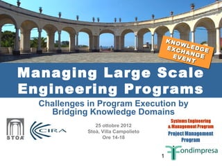 KNO
                                          KNO
                                               W
                                               W
                                          EXC LEDGE
                                          E X CH L E D G E
                                               HA N
                                                 A
                                            E V E NG E
                                            E V EN G E
                                                 NTT

Managing Large Scale
Engineering Programs
  Challenges in Program Execution by
    Bridging Knowledge Domains
                25 ottobre 2012
             Stoà, Villa Campolieto
                   Ore 14-18


          Challenges in Program       1
          Execution by Bridging
 