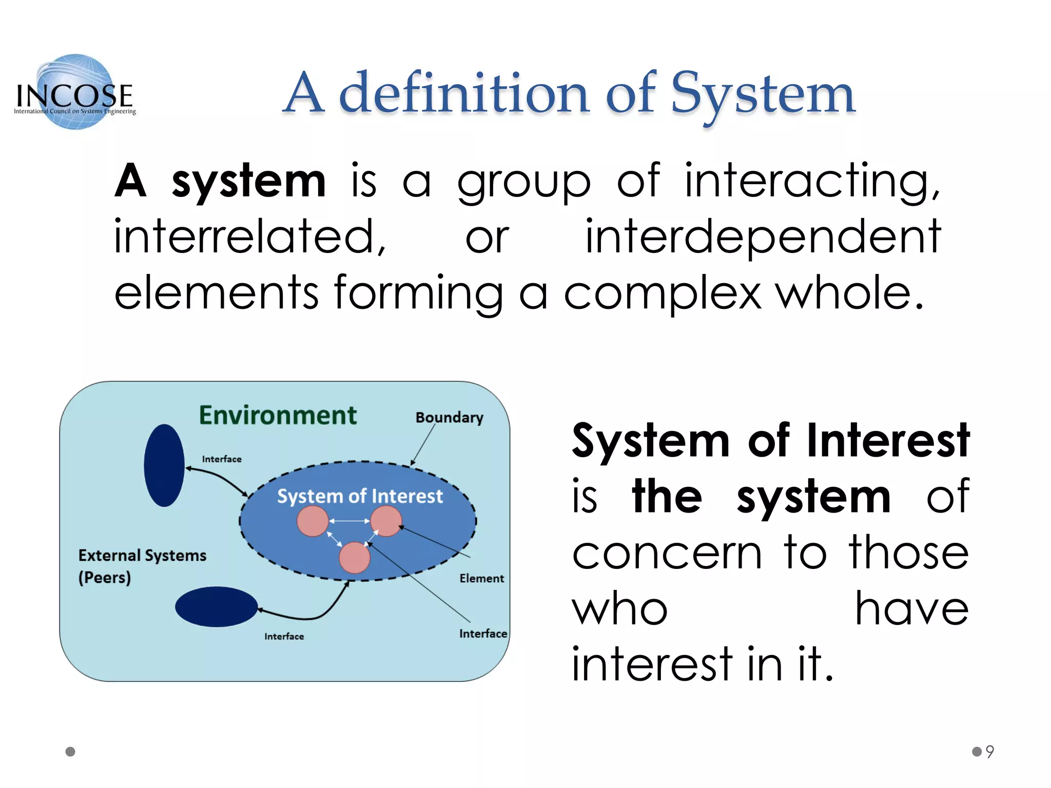 A definition of System
9
System of Interest
is the system of
concern to those
who have
interest in it.
A system is a group of interacting,
interrelated, or interdependent
elements forming a complex whole.
 