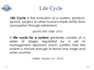 Life Cycle
36
Life Cycle is the evolution of a system, product,
service, project or other human-made entity from
conception through retirement.
(ISO/IEC/IEEE 15288 : 2015)
A life cycle for a system generally consists of a
series of stages regulated by a set of
management decisions which confirm that the
system is mature enough to leave one stage and
enter another.
( SEBoK Version 1.9.1 2018 )
 