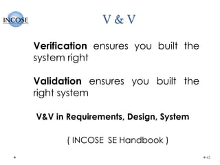 V & V
45
Verification ensures you built the
system right
Validation ensures you built the
right system
V&V in Requirements, Design, System
( INCOSE SE Handbook )
 