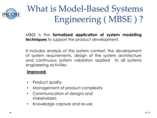 What is Model-Based Systems
Engineering ( MBSE ) ?
54
MBSE is the formalized application of system modelling
techniques to support the product development.
It includes analysis of the system context, the development
of system requirements, design of the system architecture
and continuous system validation applied to all systems
engineering activities.
Improved:
• Product quality
• Management of product complexity
• Communication of designs and
stakeholders
• Knowledge capture and re-use
 