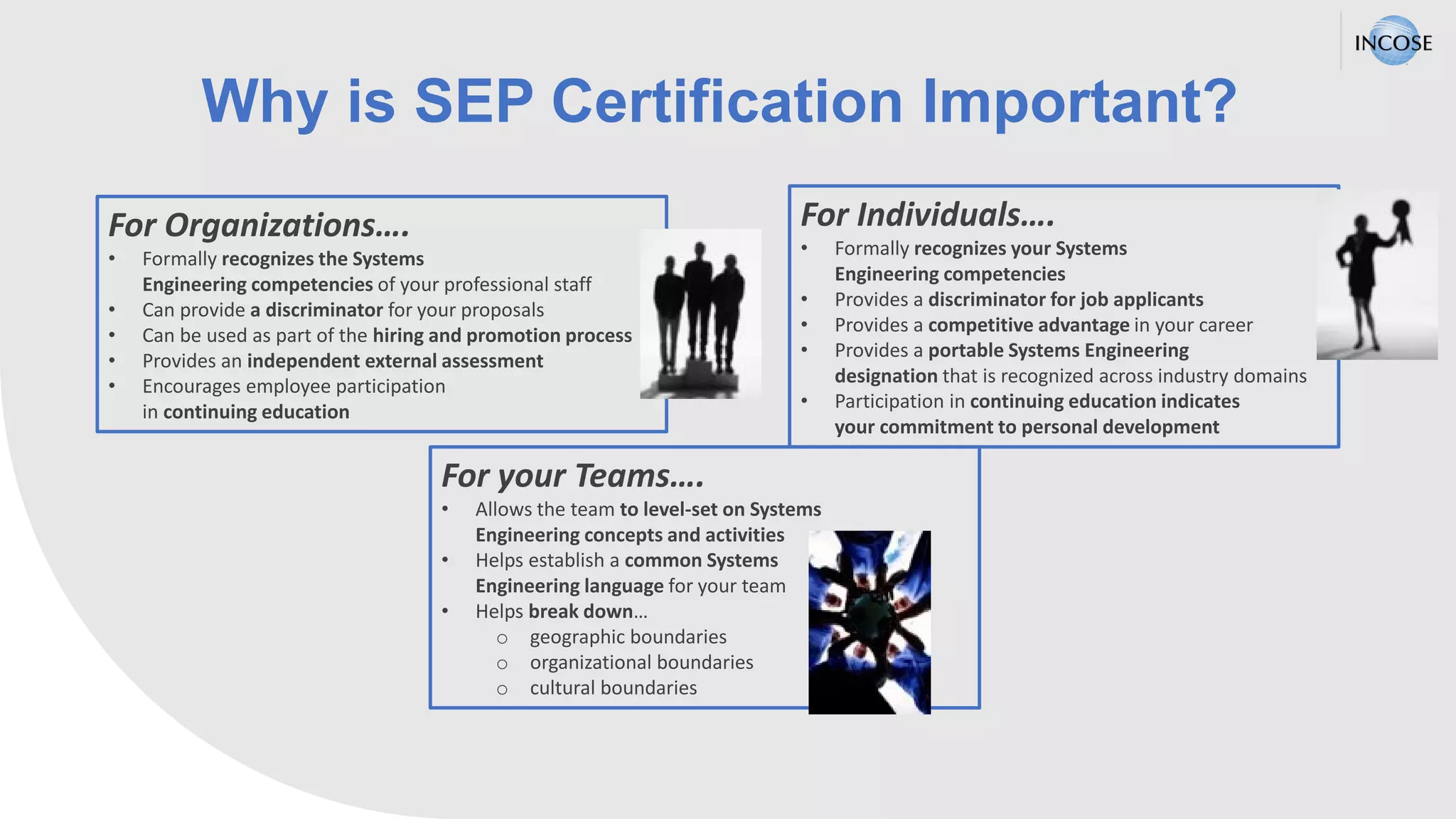 Why is SEP Certification Important?
For Organizations….
• Formally recognizes the Systems
Engineering competencies of your professional staff​
• Can provide a discriminator for your proposals​
• Can be used as part of the hiring and promotion process
• Provides an independent external assessment
• Encourages employee participation
in continuing education
For Individuals….
• Formally recognizes your Systems
Engineering competencies
• Provides a discriminator for job applicants
• Provides a competitive advantage in your career​
• Provides a portable Systems Engineering
designation that is recognized across industry domains​
• Participation in continuing education indicates
your commitment to personal development
For your Teams….
• Allows the team to level-set on Systems
Engineering concepts and activities
• Helps establish a common Systems
Engineering language for your team​
• Helps break down…​
o geographic boundaries​
o organizational boundaries​
o cultural boundaries
 