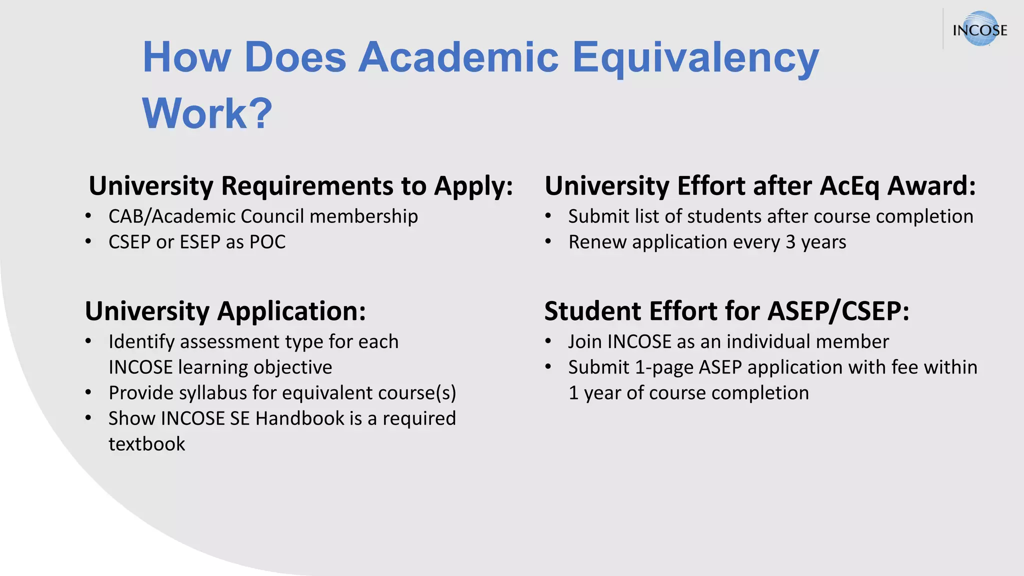 How Does Academic Equivalency
Work?
University Requirements to Apply:
• CAB/Academic Council membership
• CSEP or ESEP as POC
University Application:
• Identify assessment type for each
INCOSE learning objective
• Provide syllabus for equivalent course(s)
• Show INCOSE SE Handbook is a required
textbook
University Effort after AcEq Award:
• Submit list of students after course completion
• Renew application every 3 years
Student Effort for ASEP/CSEP:
• Join INCOSE as an individual member
• Submit 1-page ASEP application with fee within
1 year of course completion
 