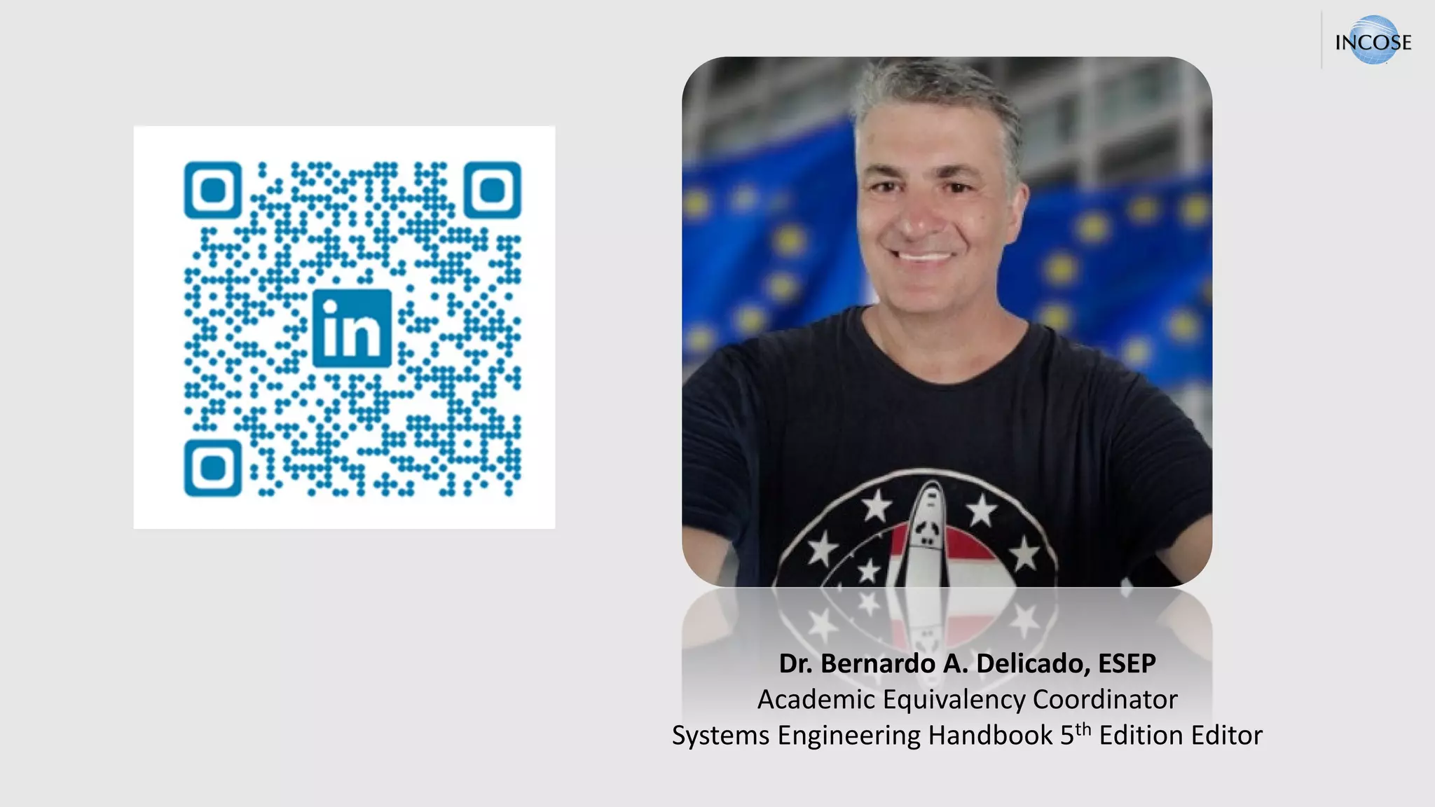 Dr. Bernardo A. Delicado, ESEP
Academic Equivalency Coordinator
Systems Engineering Handbook 5th Edition Editor
 