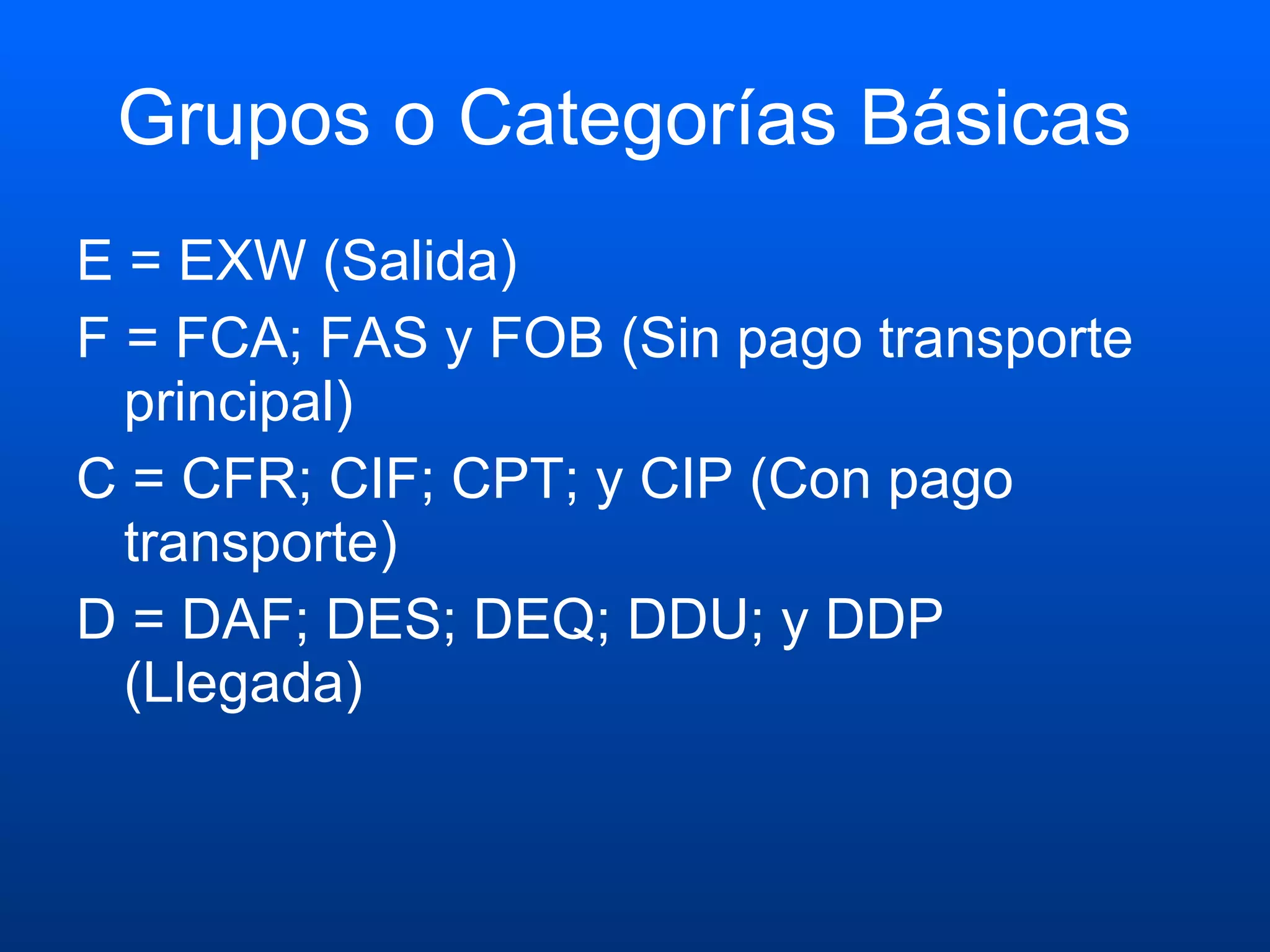 Grupos o Categorías Básicas  E = EXW (Salida) F = FCA; FAS y FOB (Sin pago transporte principal)  C = CFR; CIF; CPT; y CIP (Con pago transporte)  D = DAF; DES; DEQ; DDU; y DDP (Llegada)  