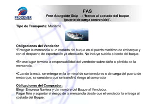 FAS
                    Free Alongside Ship → ‘franco al costado del buque
                               (puerto de carga convenido)’.
Tipo de Transporte: Marítimo




Obligaciones del Vendedor
•Entregar la mercancía a un costado del buque en el puerto marítimo de embarque y
con el despacho de exportación ya efectuado. No incluye subirla a bordo del buque.

•En ese lugar termina la responsabilidad del vendedor sobre daño o pérdida de la
mercancía.

•Cuando la mcia. se entrega en la terminal de contenedores o de carga del puerto de
embarque, se considera que se transfirió riesgo al comprador

Obligaciones del Comprador:
Elegir Empresa Naviera y dar nombre del Buque al Vendedor.
Pagar flete y soportar el riesgo de la mercancía desde que el vendedor la entrega al
costado del Buque.
 