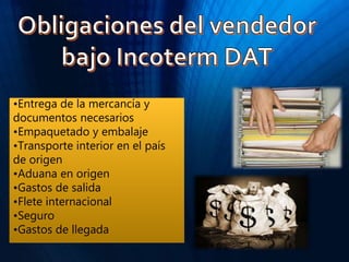 •Entrega de la mercancía y
documentos necesarios
•Empaquetado y embalaje
•Transporte interior en el país
de origen
•Aduana en origen
•Gastos de salida
•Flete internacional
•Seguro
•Gastos de llegada