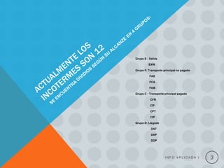 Grupo E : Salida

         EXW

Grupo F: Transporte principal no pagado

          FAS

          FCA

          FOB

Grupo C : Transporte principal pagado

          CFR

          CIF

          CPT

          CIP

Grupo D: Llegada

           DAT

           DAP

           DDP




                     INFO APLICADA I      3
 