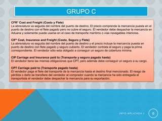 GRUPO C
CFR* Cost and Freight (Costo y Flete)
La abreviatura va seguida del nombre del puerto de destino, El precio comprende la mercancía puesta en el
puerto de destino con el flete pagado pero no cubre el seguro. El vendedor debe despachar la mercancía en
Aduana y solamente puede usarse en el caso de transporte marítimo o vías navegables interiores.

CIF* Cost, Insurance and Freight (Costo, Seguro y Flete)
La abreviatura va seguida del nombre del puerto de destino y el precio incluye la mercancía puesta en
puerto de destino con flete pagado y seguro cubierto. El vendedor contrata el seguro y paga la prima
correspondiente. El vendedor sólo esta obligado a conseguir un seguro de cobertura mínima.

CIP Carriage and Insurance paid to (Transporte y seguro pagado hasta)
El vendedor tiene las mismas obligaciones que CPT, pero además debe conseguir un seguro a su cargo.

CPT Carriage paid to (Transporte pagado hasta)
El vendedor paga el flete del transporte de la mercancía hasta el destino final mencionado. El riesgo de
pérdida o daño se transfiere del vendedor al comprador cuando la mercancía ha sido entregada el
transportista el vendedor debe despachar la mercancía para su exportación.




                                                                                   INFO APLICADA I          6
 