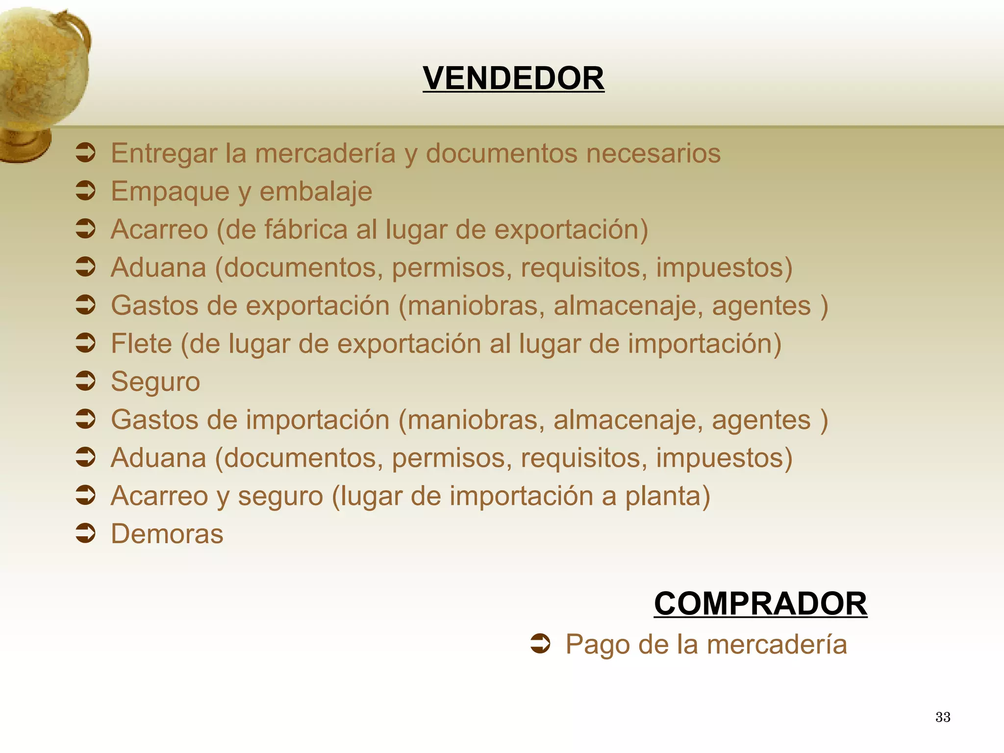 COMPRADOR Pago de la mercadería VENDEDOR Entregar la mercadería y documentos necesarios Empaque y embalaje Acarreo (de fábrica al lugar de exportación) Aduana (documentos, permisos, requisitos, impuestos) Gastos de exportación (maniobras, almacenaje, agentes ) Flete (de lugar de exportación al lugar de importación) Seguro Gastos de importación (maniobras, almacenaje, agentes ) Aduana (documentos, permisos, requisitos, impuestos) Acarreo y seguro (lugar de importación a planta)  Demoras 