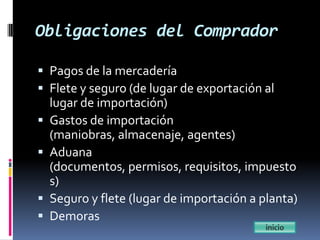 Obligaciones del Comprador

 Pagos de la mercadería
 Flete y seguro (de lugar de exportación al
    lugar de importación)
   Gastos de importación
    (maniobras, almacenaje, agentes)
   Aduana
    (documentos, permisos, requisitos, impuesto
    s)
   Seguro y flete (lugar de importación a planta)
   Demoras
 