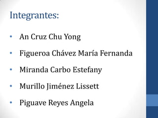 Integrantes:

• An Cruz Chu Yong

• Figueroa Chávez María Fernanda

• Miranda Carbo Estefany

• Murillo Jiménez Lissett

• Piguave Reyes Angela
 