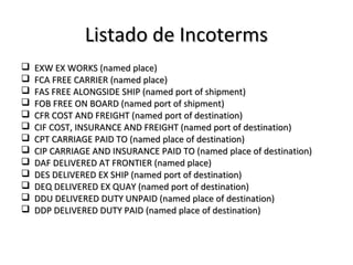 Listado de Incoterms
   EXW EX WORKS (named place)
   FCA FREE CARRIER (named place)
   FAS FREE ALONGSIDE SHIP (named port of shipment)
   FOB FREE ON BOARD (named port of shipment)
   CFR COST AND FREIGHT (named port of destination)
   CIF COST, INSURANCE AND FREIGHT (named port of destination)
   CPT CARRIAGE PAID TO (named place of destination)
   CIP CARRIAGE AND INSURANCE PAID TO (named place of destination)
   DAF DELIVERED AT FRONTIER (named place)
   DES DELIVERED EX SHIP (named port of destination)
   DEQ DELIVERED EX QUAY (named port of destination)
   DDU DELIVERED DUTY UNPAID (named place of destination)
   DDP DELIVERED DUTY PAID (named place of destination)
 
