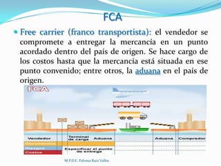 FCA
 Free carrier (franco transportista): el vendedor se
compromete a entregar la mercancía en un punto
acordado dentro del país de origen. Se hace cargo de
los costos hasta que la mercancía está situada en ese
punto convenido; entre otros, la aduana en el país de
origen.

M.P.D.E. Paloma Ruiz Valles

 