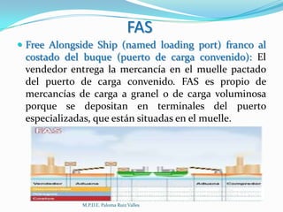 FAS
 Free Alongside Ship (named loading port) franco al

costado del buque (puerto de carga convenido): El
vendedor entrega la mercancía en el muelle pactado
del puerto de carga convenido. FAS es propio de
mercancías de carga a granel o de carga voluminosa
porque se depositan en terminales del puerto
especializadas, que están situadas en el muelle.

M.P.D.E. Paloma Ruiz Valles

 