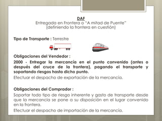 DAF 
Entregada en Frontera o “A mitad de Puente” 
(definiendo la frontera en cuestión) 
Tipo de Transporte : Terrestre 
Obligaciones del Vendedor : 
2000 - Entregar la mercancía en el punto convenido (antes o 
después del cruce de la frontera), pagando el transporte y 
soportando riesgos hasta dicho punto. 
Efectuar el despacho de exportación de la mercancía. 
Obligaciones del Comprador : 
Soportar todo tipo de riesgo inherente y gasto de transporte desde 
que la mercancía se pone a su disposición en el lugar convenido 
en la frontera. 
Efectuar el despacho de importación de la mercancía. 
 