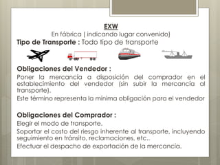 EXW 
En fábrica ( indicando lugar convenido) 
Tipo de Transporte : Todo tipo de transporte 
Obligaciones del Vendedor : 
Poner la mercancía a disposición del comprador en el 
establecimiento del vendedor (sin subir la mercancía al 
transporte). 
Este término representa la mínima obligación para el vendedor 
Obligaciones del Comprador : 
Elegir el modo de transporte. 
Soportar el costo del riesgo inherente al transporte, incluyendo 
seguimiento en tránsito, reclamaciones, etc.. 
Efectuar el despacho de exportación de la mercancía. 
 