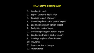 INCOTERMS dealing with
1. Loading to truck
2. Export Customs declaration
3. Carriage to port of export
4. Unloading the truck in port of export
5. Loading Charges in port of export
6. Freight to port of import
7. Unloading charge in port of import
8. Loading on truck in port of import
9. Carriage to place of destination
10. Insurance
11. Import customs charges
12. Import taxes
 